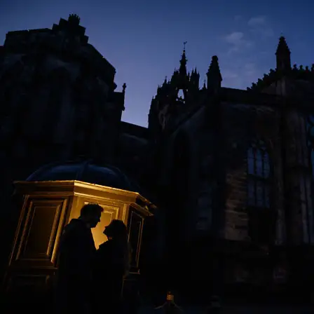 Silhouette of a couple standing close under a light post at dusk, with a backdrop of majestic, shadowy gothic architecture in Edinburgh.